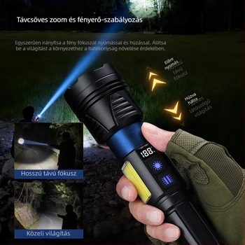 Kézi elemlámpa fehér lézerrel, 20W, hatótávolság 200–500 m, üzemidő 4–8 óra, power bank funkció