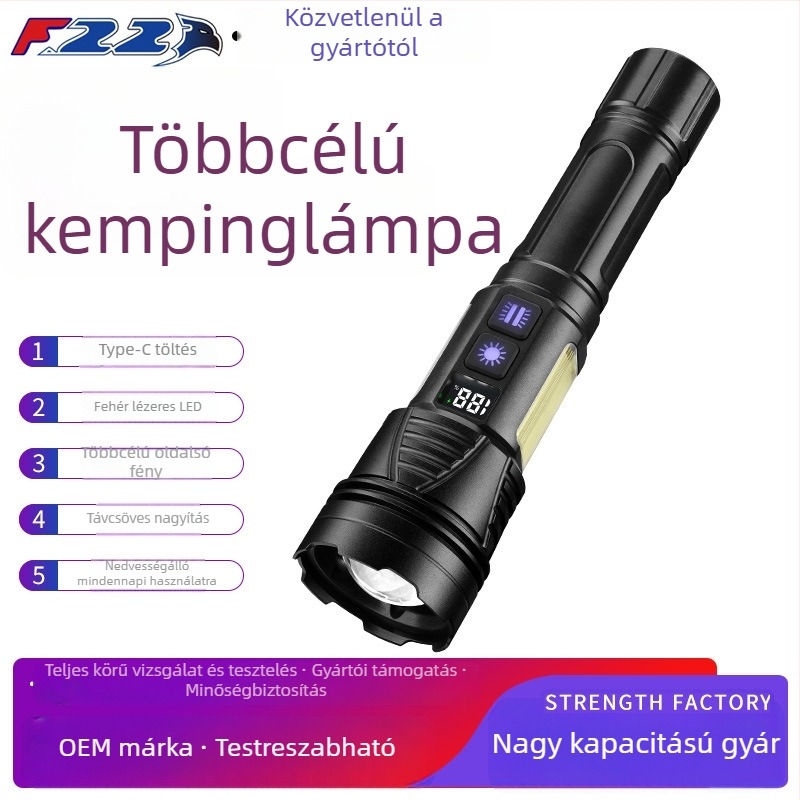 Kézi elemlámpa fehér lézerrel, 20W, hatótávolság 200–500 m, üzemidő 4–8 óra, power bank funkció