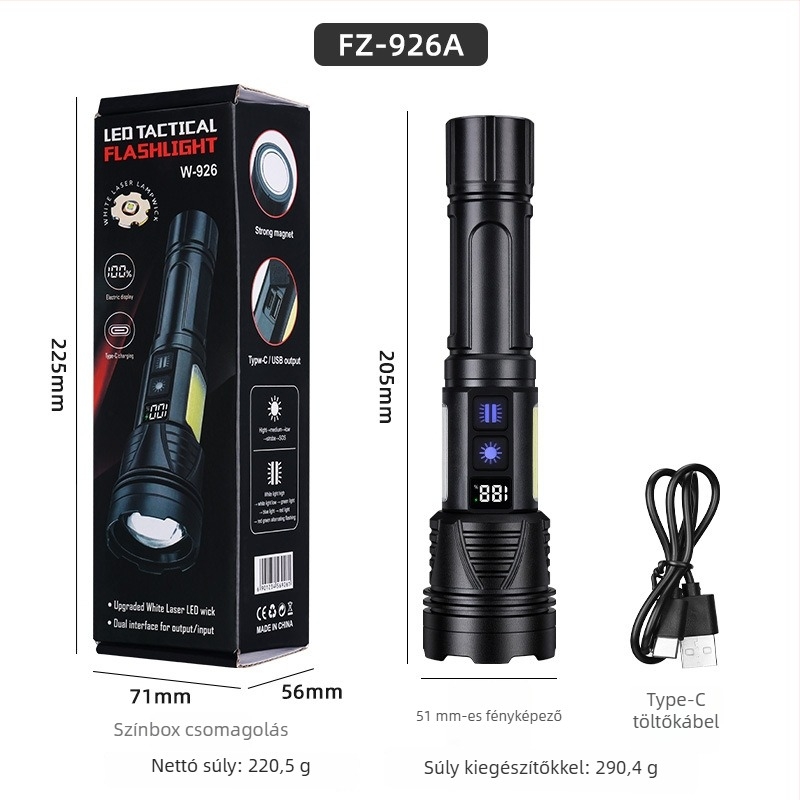 Kézi elemlámpa fehér lézerrel, 20W, hatótávolság 200–500 m, üzemidő 4–8 óra, power bank funkció