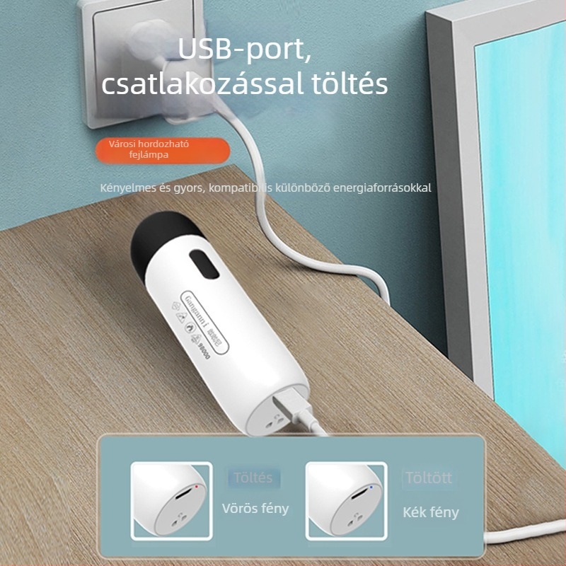 USB-s újratölthető LED mini elemlámpa, hordozható többfunkciós világítás (10W LED, beépített 18650-es elem, 200–500 m hatótáv)