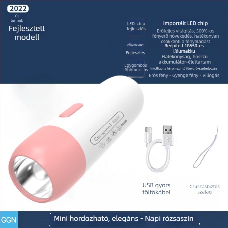 USB-s újratölthető LED mini elemlámpa, hordozható többfunkciós világítás (10W LED, beépített 18650-es elem, 200–500 m hatótáv)