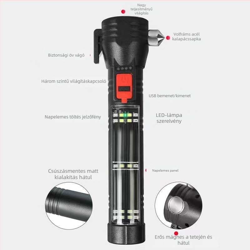 Autóba szerelhető többfunkciós zseblámpa COB LED-del, napelemes energia és kézi generátor, ablakbetörő kalapács, 1800 mAh akkumulátor