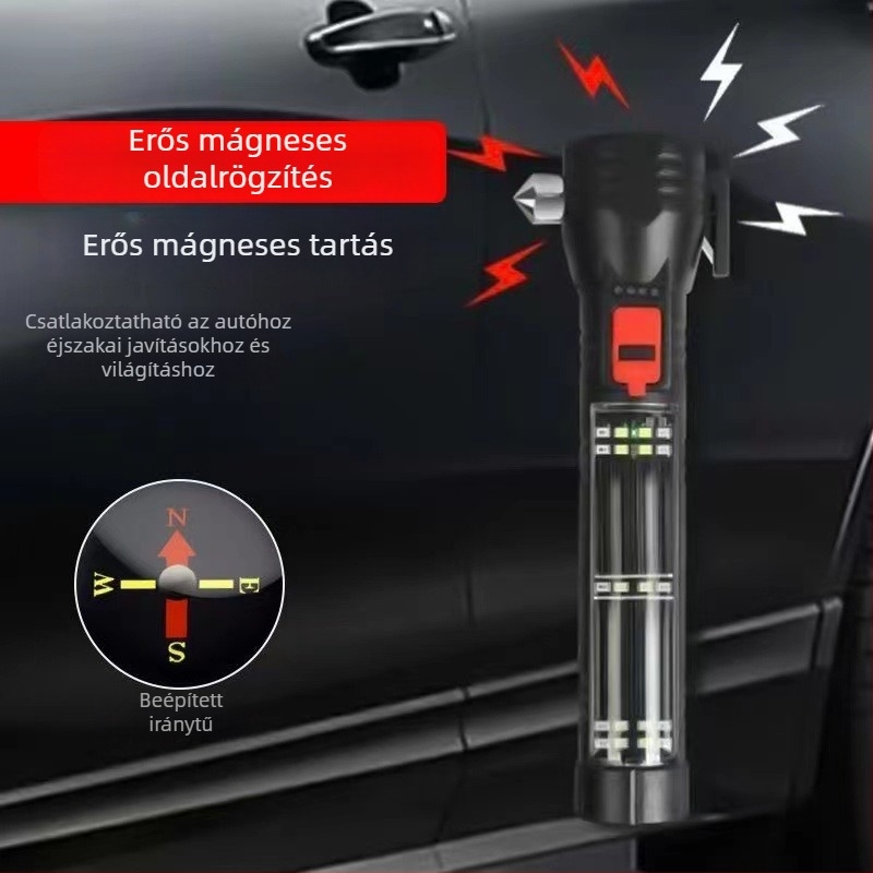 Autóba szerelhető többfunkciós zseblámpa COB LED-del, napelemes energia és kézi generátor, ablakbetörő kalapács, 1800 mAh akkumulátor
