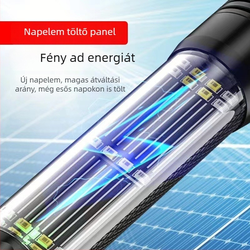 Autóba szerelhető többfunkciós zseblámpa COB LED-del, napelemes energia és kézi generátor, ablakbetörő kalapács, 1800 mAh akkumulátor