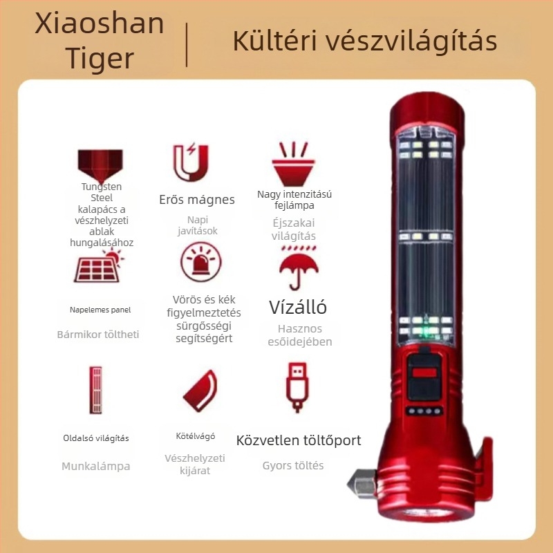 Autóba szerelhető többfunkciós zseblámpa COB LED-del, napelemes energia és kézi generátor, ablakbetörő kalapács, 1800 mAh akkumulátor