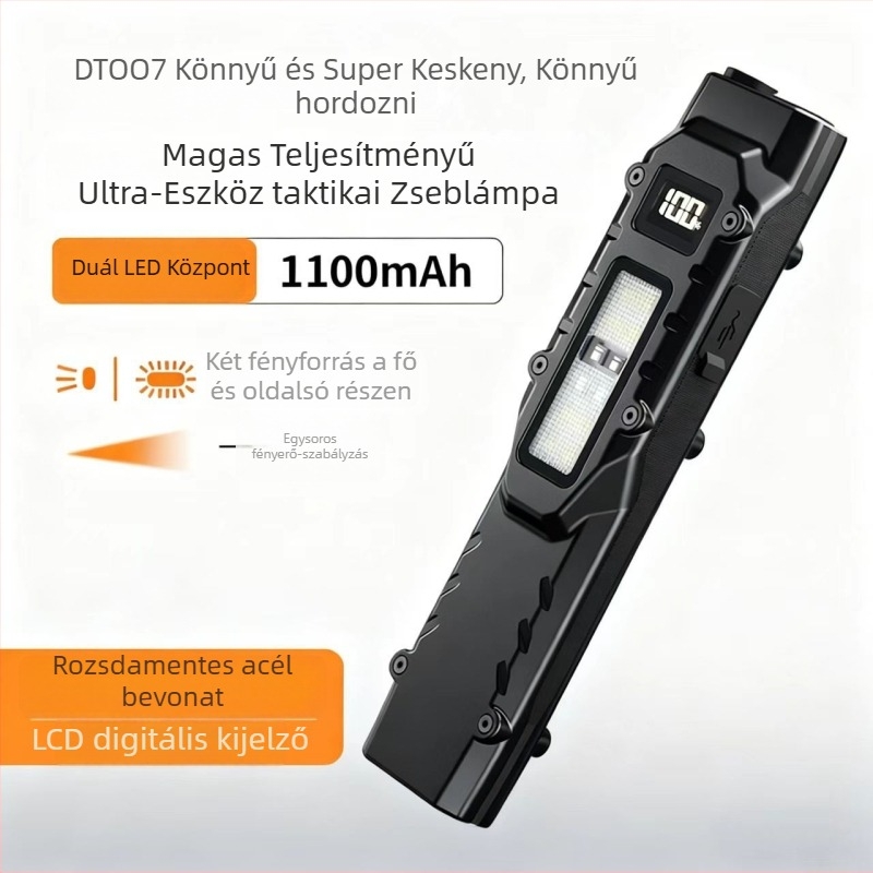 Taktikai EDC okos zseblámpa — ultra vékony, kézi hajtású, 1000mAh újratölthető, 20W LED oldalsó világítással, 100–240 lm, hatótáv 100–200 m
