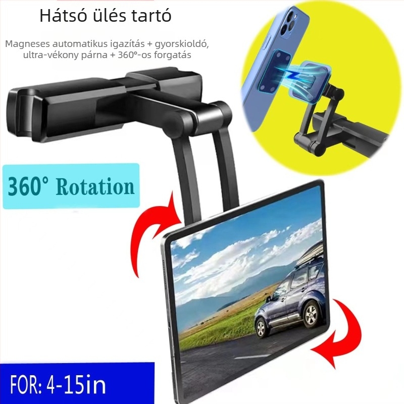 Autóba való tabletás/telefonos tartó, hátsó üléshez, kihúzható, 360°-os forgás, összecsukható, modell PB-45B