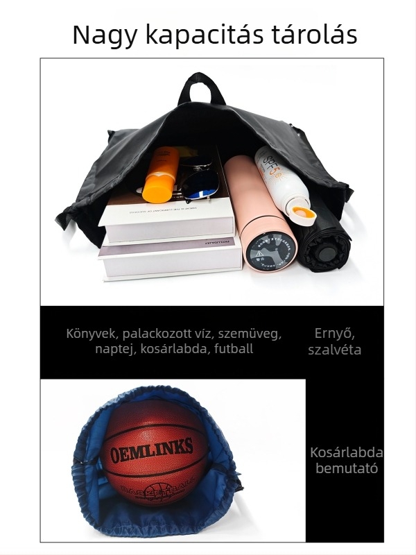 Hátizsák húzós záródással, nagy kapacitású, Oxford anyag, görbült vállpántok, vászon bélés, labdajátékokhoz alkalmas