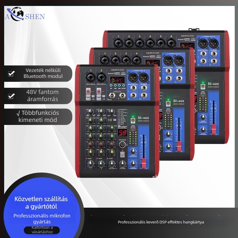 SI/DI 4/6/8 csatornás professzionális keverő DSP effektekkel, színpadi/KTV előadásokhoz, mobiltelefonos/PC-s felvételhez és élő közvetítéshez