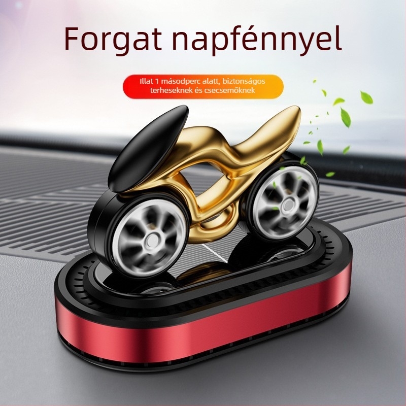 Autó illatosító napenergiás forgó dísz – motorkerékpár modell középkonzol dísz, 5–10 ml, párolgási idő 1–15 nap, élettartam 1 év