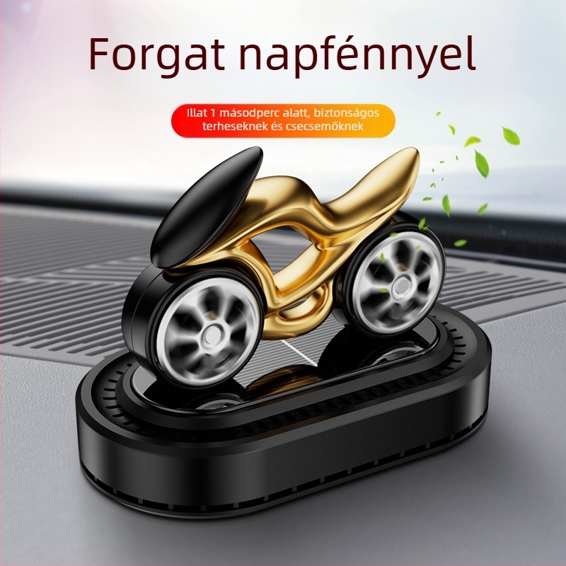 Autó illatosító napenergiás forgó dísz – motorkerékpár modell középkonzol dísz, 5–10 ml, párolgási idő 1–15 nap, élettartam 1 év