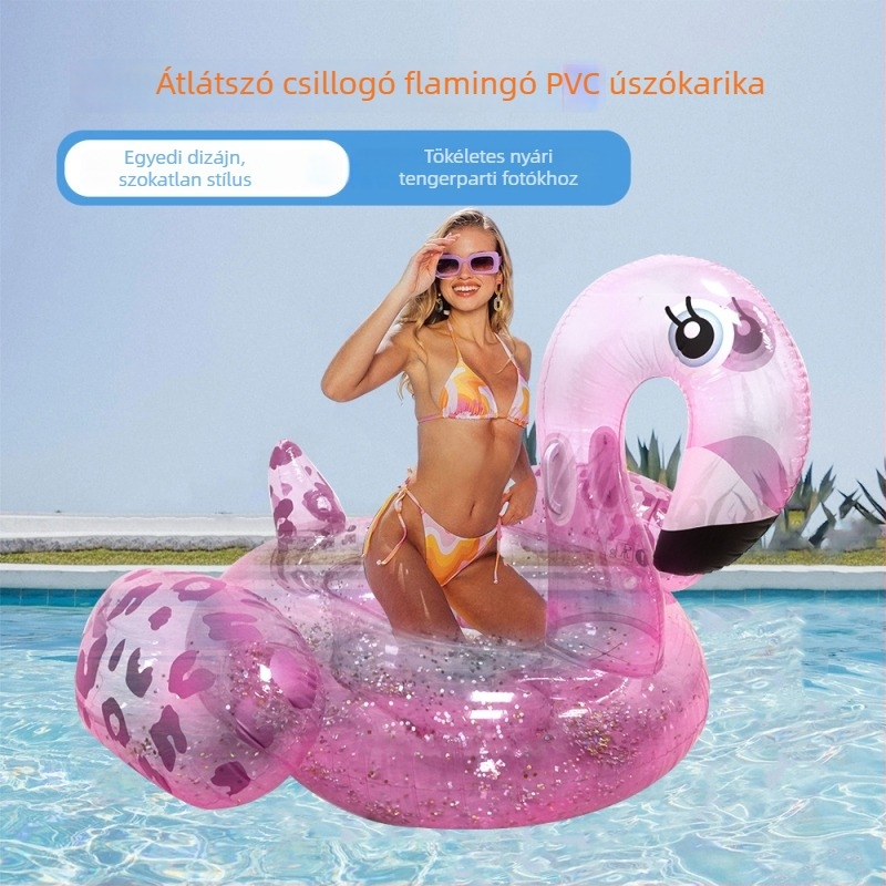 PVC felfújható flamingó, flitterekkel, medencés úszóágy, nagy méret, felnőtteknek, átlátszó