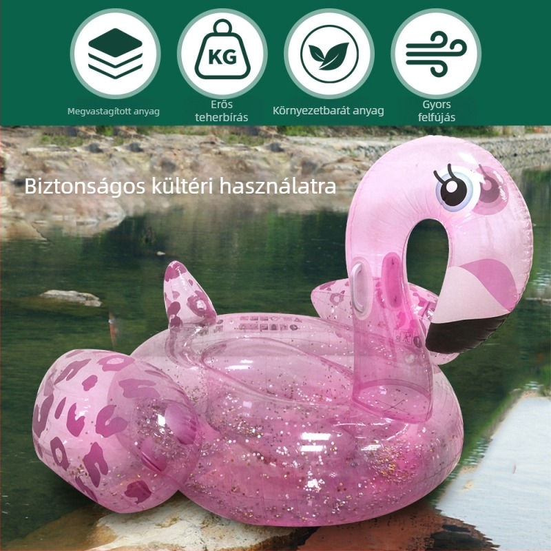 PVC felfújható flamingó, flitterekkel, medencés úszóágy, nagy méret, felnőtteknek, átlátszó