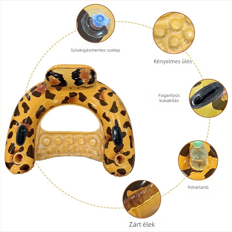 Egy személyes U-alakú felfújható pihenőágy vízi szórakozáshoz, háttámlával, vastag PVC leopard mintával