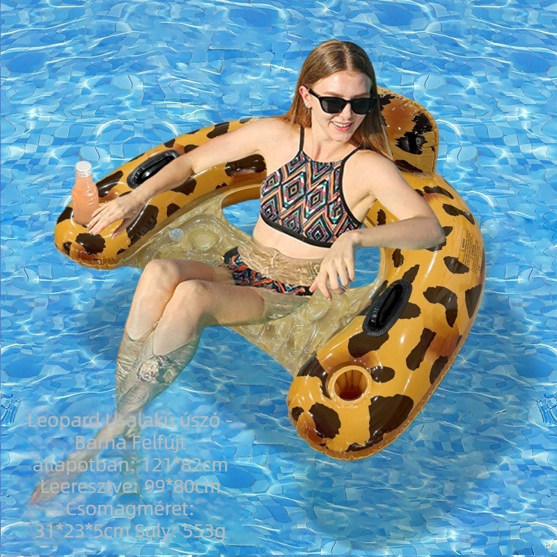 Egy személyes U-alakú felfújható pihenőágy vízi szórakozáshoz, háttámlával, vastag PVC leopard mintával
