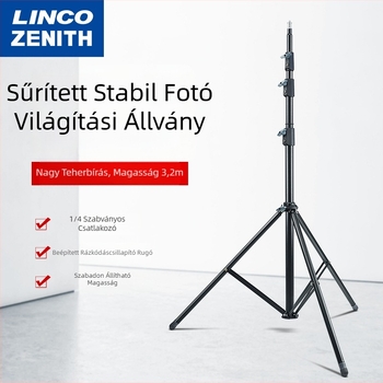 LINCO ZENITH LED Fotó láb állvány, hordozható háromlábú állvány, magasság 3,2 m, SPCC acél, teherbírás 8 kg, 3 részegység, csőátmérők 19/22.2/25.4/28.6 mm