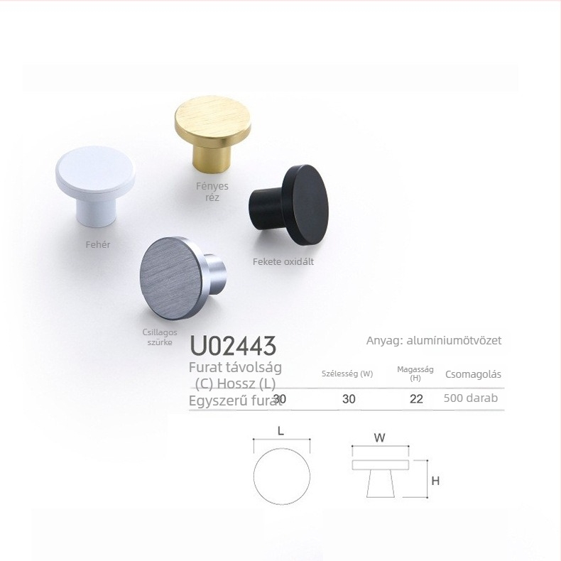 Szekrényajtó és fiók fogantyú, egylyukú, kerek fejű, európai stílusú, alumínium, elektroplatált, modell U02443, modern egyszerűség