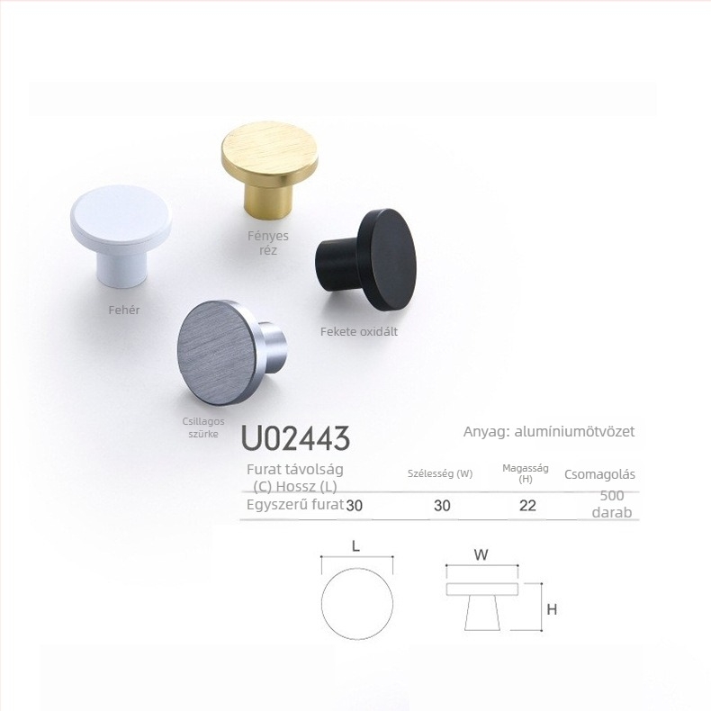 Szekrényajtó és fiók fogantyú, egylyukú, kerek fejű, európai stílusú, alumínium, elektroplatált, modell U02443, modern egyszerűség