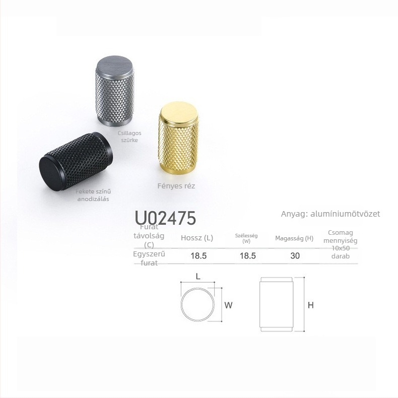 Szekrényajtó és fiók fogantyú, egylyukú, kerek fejű, európai stílusú, alumínium, elektroplatált, modell U02443, modern egyszerűség