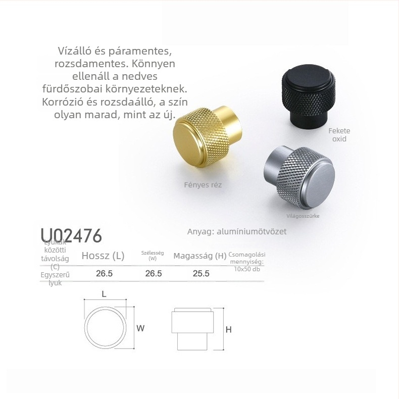 Szekrényajtó és fiók fogantyú, egylyukú, kerek fejű, európai stílusú, alumínium, elektroplatált, modell U02443, modern egyszerűség