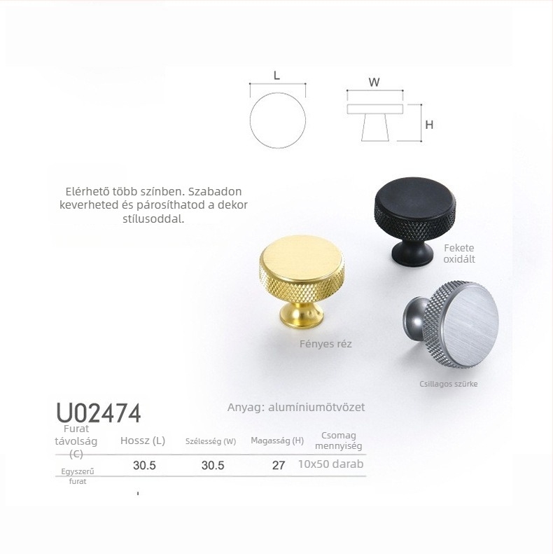 Szekrényajtó és fiók fogantyú, egylyukú, kerek fejű, európai stílusú, alumínium, elektroplatált, modell U02443, modern egyszerűség