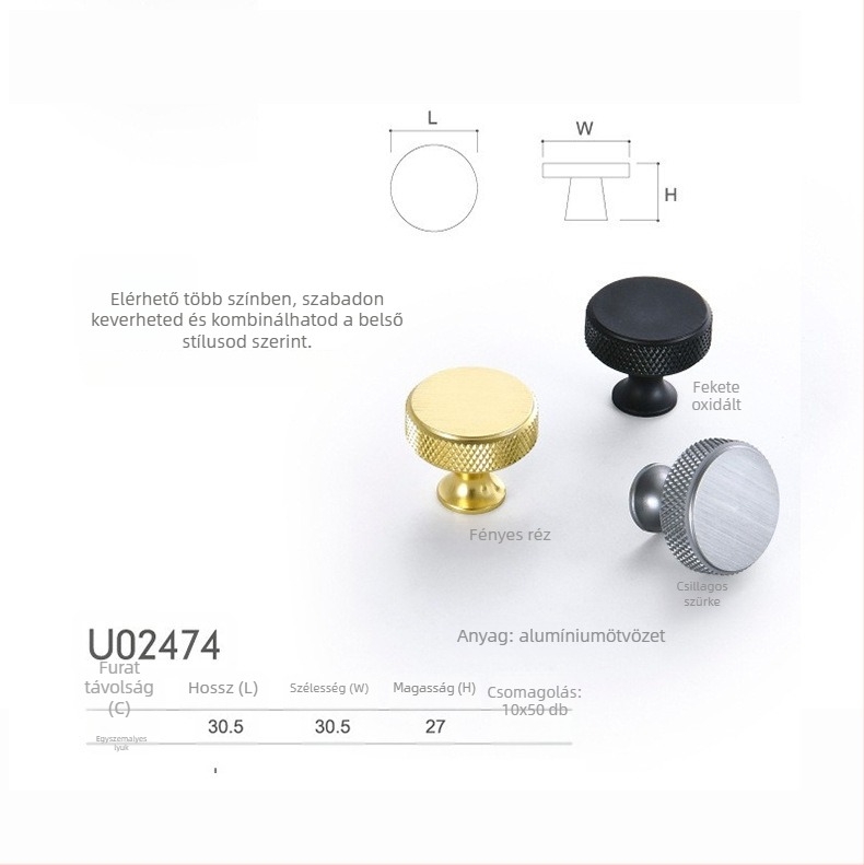 Szekrényajtó és fiók fogantyú, egylyukú, kerek fejű, európai stílusú, alumínium, elektroplatált, modell U02443, modern egyszerűség