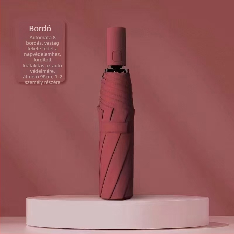 Reklám esernyő napsütésre és esőre, automata nyitás-zárás; 8 bordás keret rostból és acél rúd; vinil 190T bevonat UPF>50; logónyomtatás és testreszabás elérhető; felnőtteknek