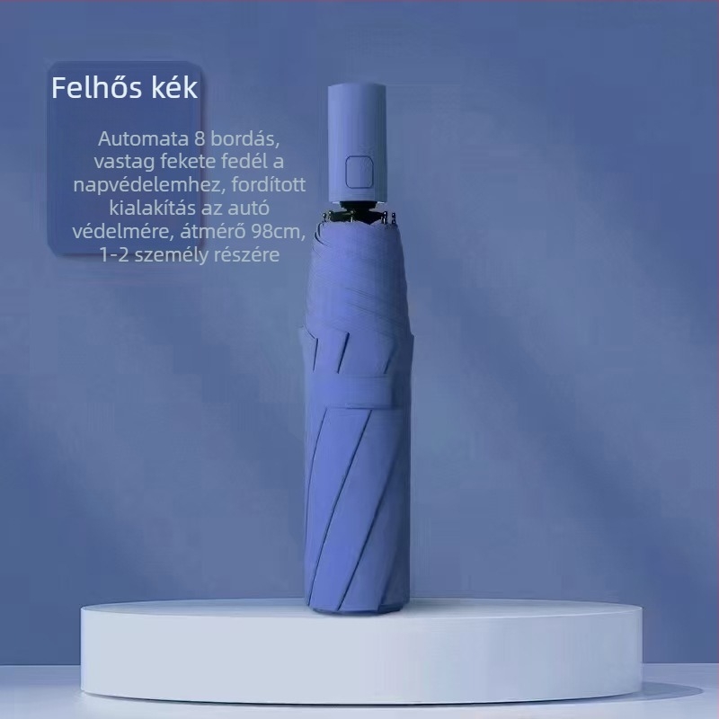 Reklám esernyő napsütésre és esőre, automata nyitás-zárás; 8 bordás keret rostból és acél rúd; vinil 190T bevonat UPF>50; logónyomtatás és testreszabás elérhető; felnőtteknek