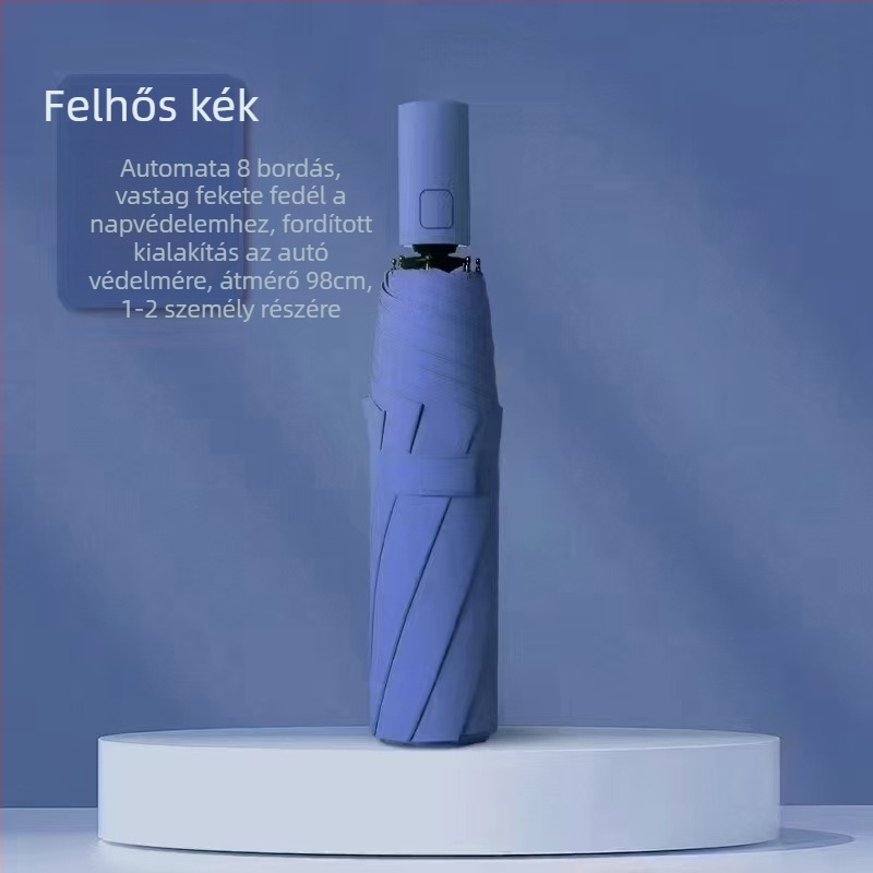 Reklám esernyő napsütésre és esőre, automata nyitás-zárás; 8 bordás keret rostból és acél rúd; vinil 190T bevonat UPF>50; logónyomtatás és testreszabás elérhető; felnőtteknek