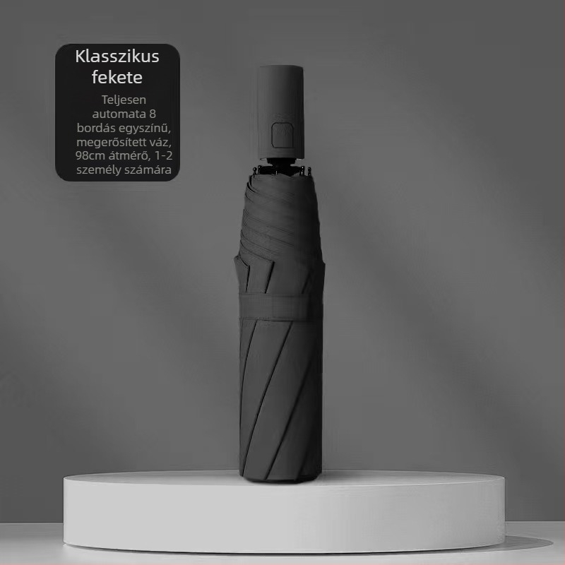 Reklám esernyő napsütésre és esőre, automata nyitás-zárás; 8 bordás keret rostból és acél rúd; vinil 190T bevonat UPF>50; logónyomtatás és testreszabás elérhető; felnőtteknek