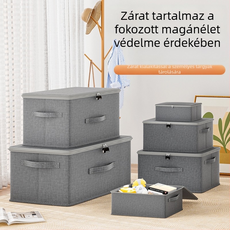 Összecsukható zárható tárolóedény katiónikus anyagból, fedél, 40–50 L, ideális kollégiumban ruhák és személyes tárgyak tárolására