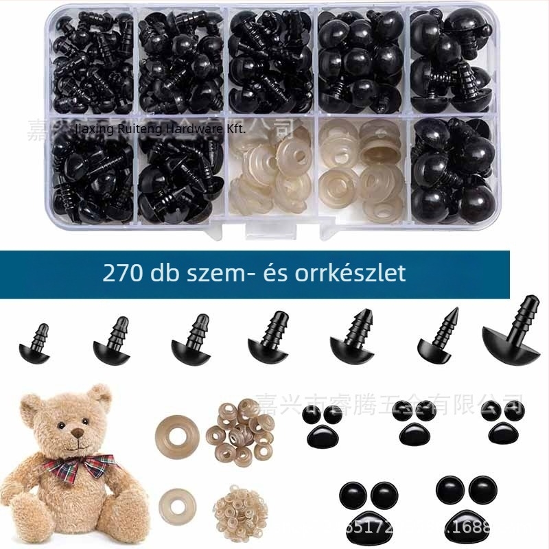 Kukliákhoz valók kiegészítők: 270 darab állatbiztonsági szem és or, műanyagból, kerek formájú, dobozos csomagolás, 2025 ősz, Ruiteng