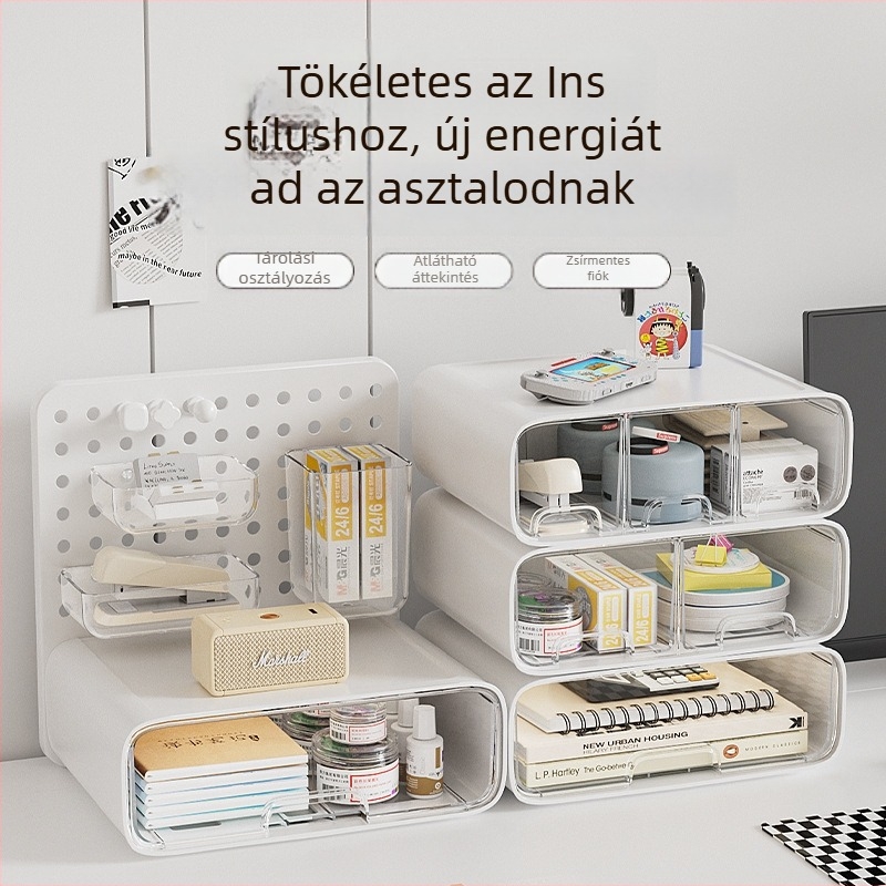 Asztali rendező doboz perforált lappal és levehető fiókkal – Modell 2508, Anyag AS, Modern minimalista stílus, Ékszer és irodaszer tárolása