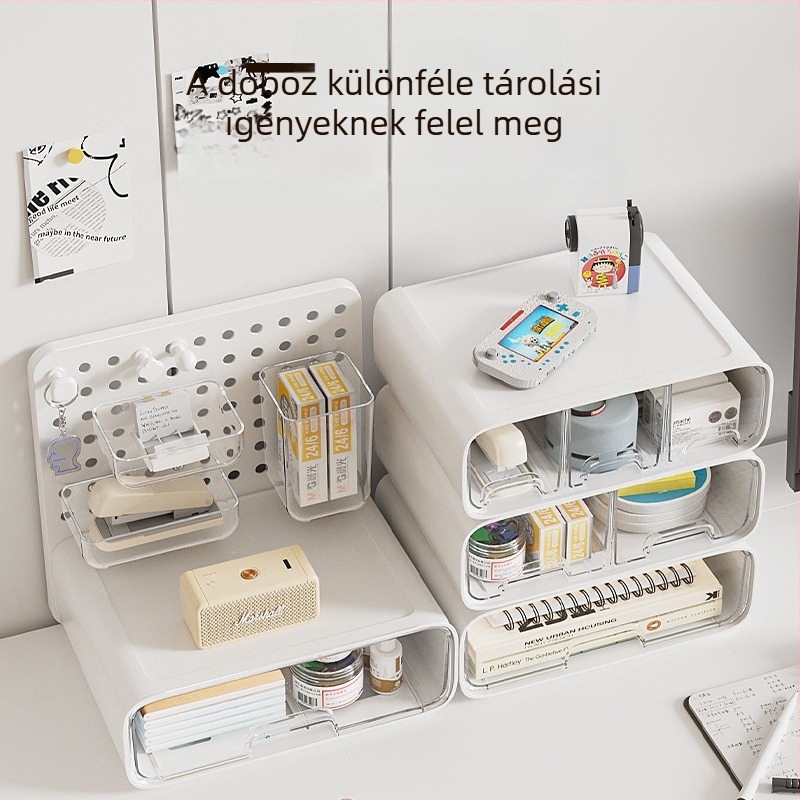 Asztali rendező doboz perforált lappal és levehető fiókkal – Modell 2508, Anyag AS, Modern minimalista stílus, Ékszer és irodaszer tárolása