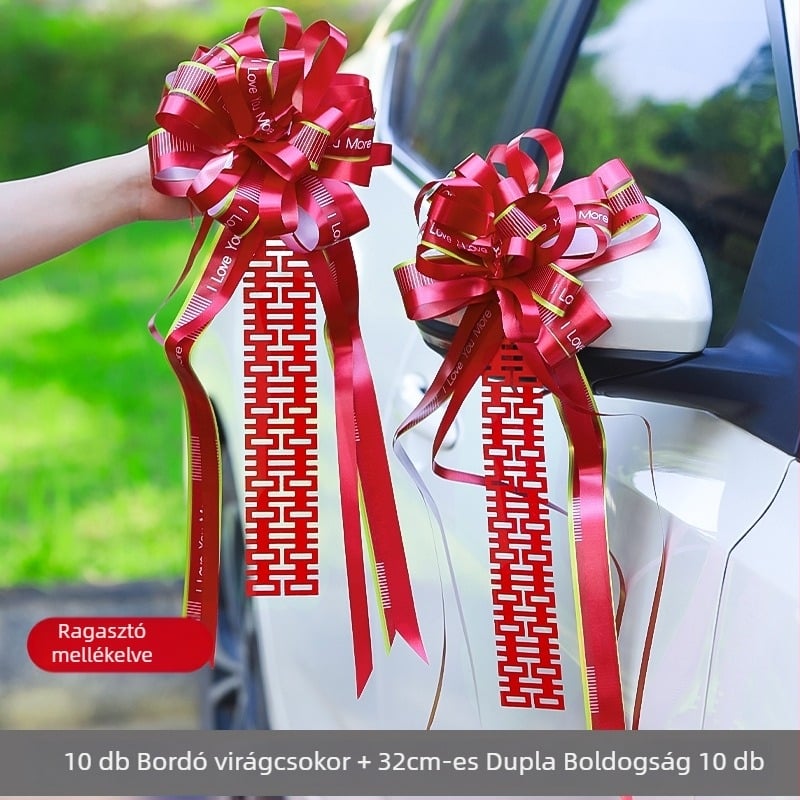 Esküvői autó díszítő készlet szalagokkal és virágos dekorációval a nászmenethez