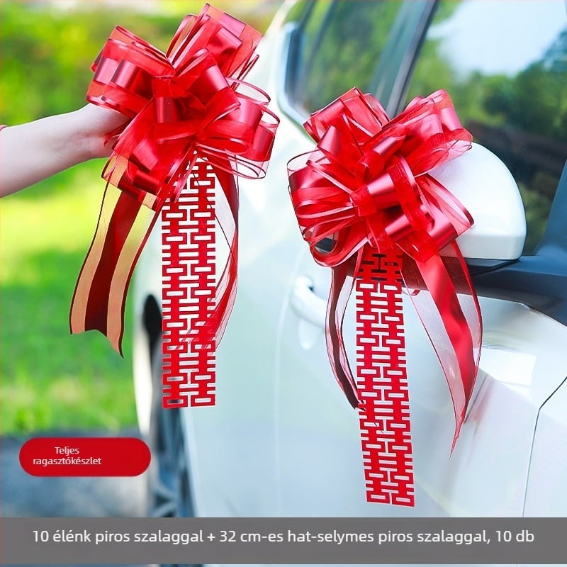 Esküvői autó díszítő készlet szalagokkal és virágos dekorációval a nászmenethez