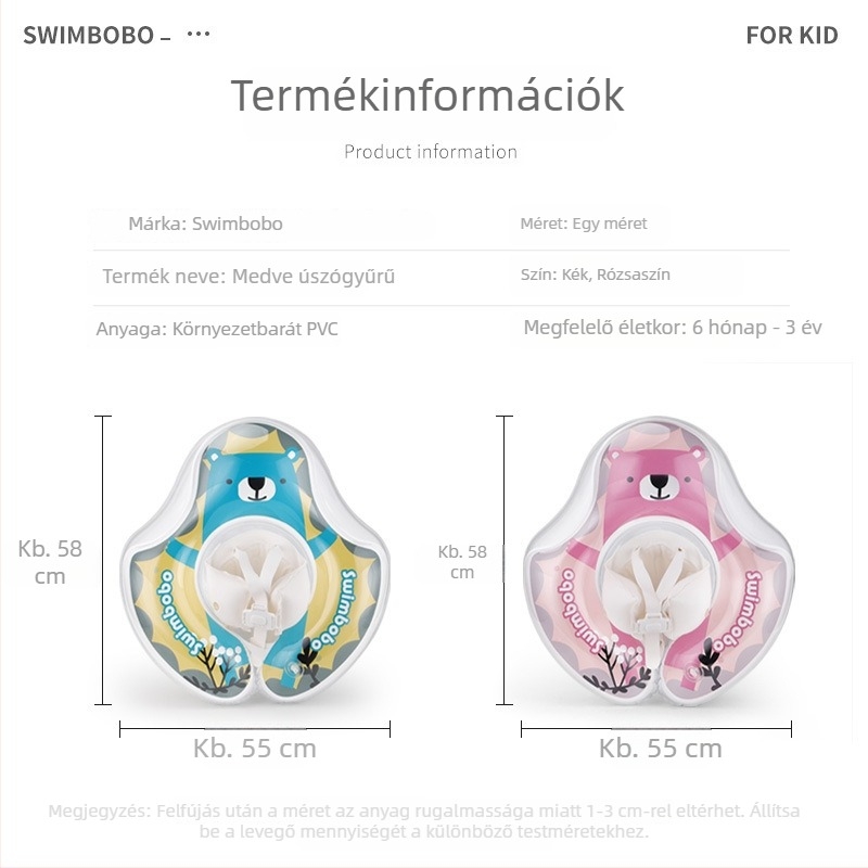 swimbobo Baba úszógyűrű hason fekvő helyzetben, ülő zsebbel, hónalj alatti támasz, átlátszó dupla légkamrák