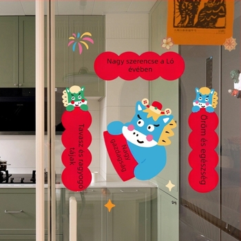 Ablakra tapadó elektrosztatikus dekorációk Banda – PVC, Tavaszi Fesztivál, A Ló Évé motívum; ajándékhoz alkalmas, csomagolás Opp zacskó