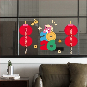 Ablakra tapadó elektrosztatikus dekorációk Banda – PVC, Tavaszi Fesztivál, A Ló Évé motívum; ajándékhoz alkalmas, csomagolás Opp zacskó