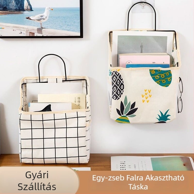 Falihoz szerelhető textiltároló egy zsebbel, ferde nyílással, vízálló pamut-lin anyagból, sokoldalú
