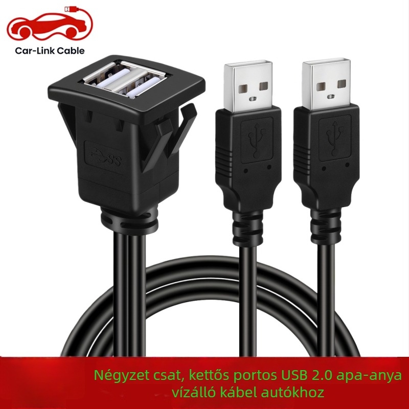 Négyzet alakú, csattal rögzített USB 3.0/2.0 kétportos vízálló kábel autó, jacht és motorkerékpár műszerfalához