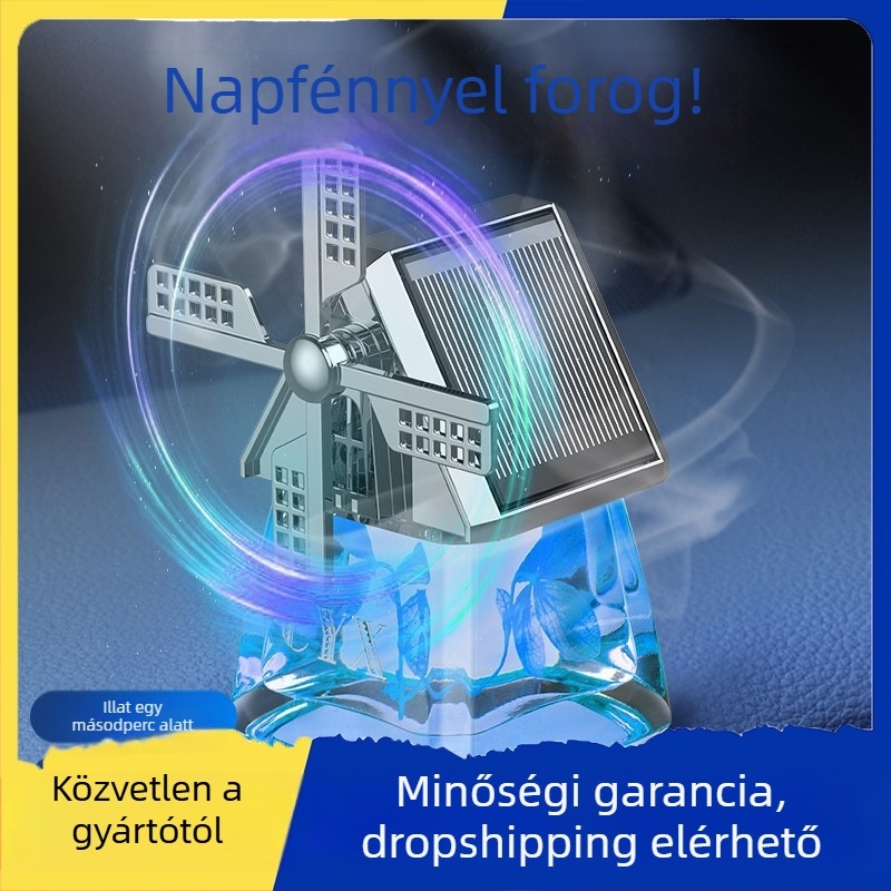 Autóparfüm tartó napelemes forgó szélmalommal, Liuli anyag, 25–50 ml, párolgási idő >90 nap