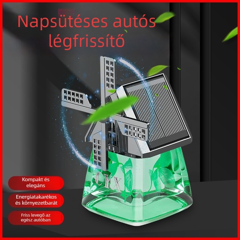 Autóparfüm tartó napelemes forgó szélmalommal, Liuli anyag, 25–50 ml, párolgási idő >90 nap