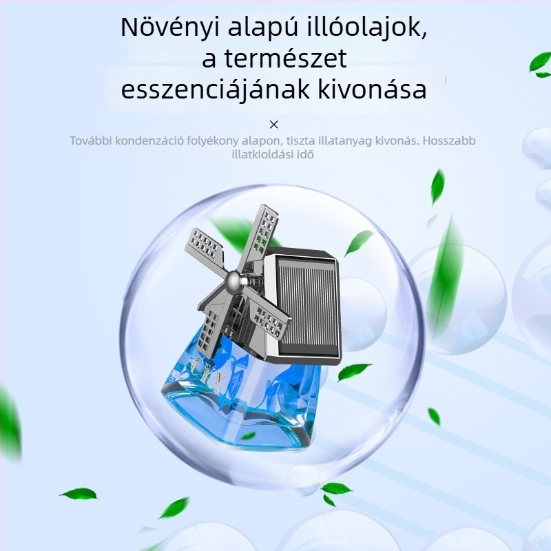 Autóparfüm tartó napelemes forgó szélmalommal, Liuli anyag, 25–50 ml, párolgási idő >90 nap