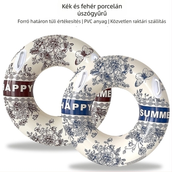 Felnőtteknek szánt úszógumi fogantyúval, kék-fehér porcelán mintázattal, vastag PVC, kültéri használatra