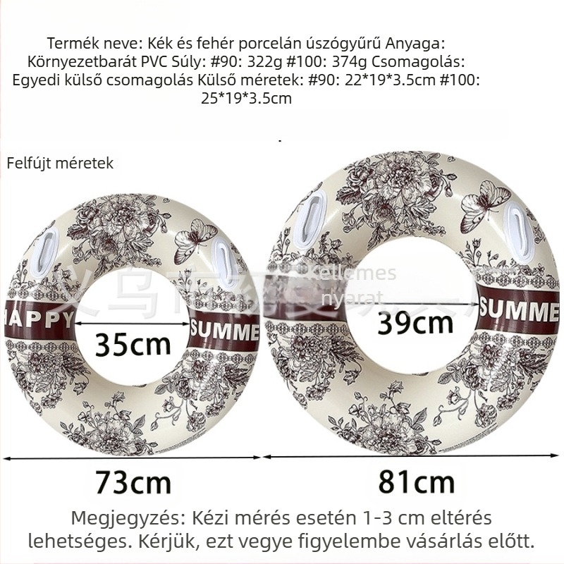 Felnőtteknek szánt úszógumi fogantyúval, kék-fehér porcelán mintázattal, vastag PVC, kültéri használatra