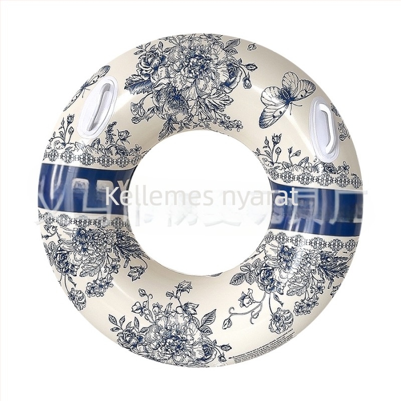 Felnőtteknek szánt úszógumi fogantyúval, kék-fehér porcelán mintázattal, vastag PVC, kültéri használatra