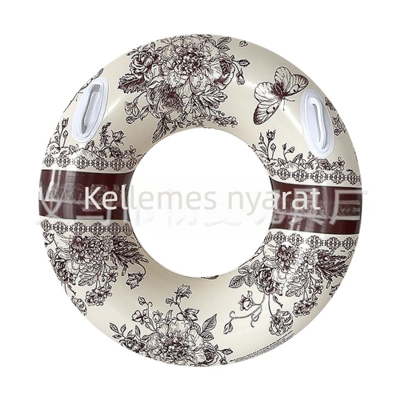 Felnőtteknek szánt úszógumi fogantyúval, kék-fehér porcelán mintázattal, vastag PVC, kültéri használatra
