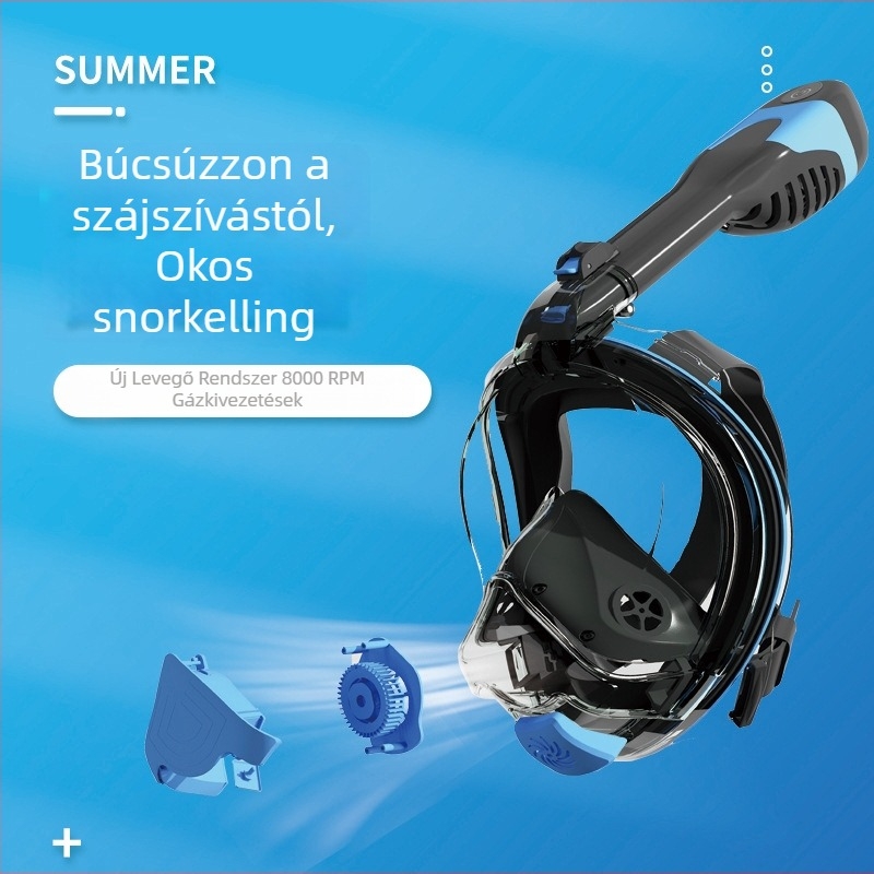 Sznorkelmaszk intelligens friss levegő rendszerrel, szilikon + PC kivitel, HD látás, párásodás elleni védelem és dugulás elleni védelem