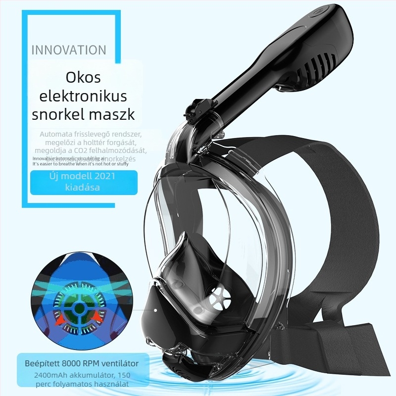 Sznorkelmaszk intelligens friss levegő rendszerrel, szilikon + PC kivitel, HD látás, párásodás elleni védelem és dugulás elleni védelem